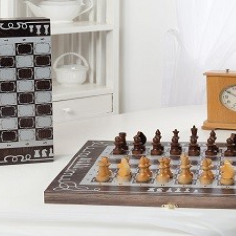Шахматы походные деревянные с малой деревянной венге доской, рисунок серебро «Орнамент» (400*200*40)