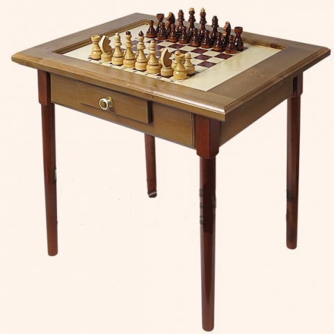 Шахматный стол темный с фигурами и ящиком (простые ножки)