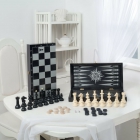 Игра 3в1 малая черная, рисунок серебро с гроссмейстерскими пластмассовыми шахматами (нарды, шахматы, шашки) "Классика" (400*200*60)